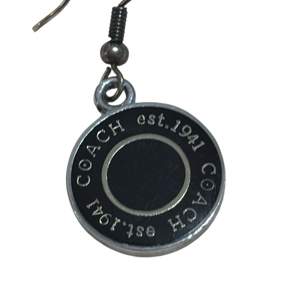 Coach Dangle Black and Silver Enamel Disc Earrings, hooks - Picture 2 of 4
